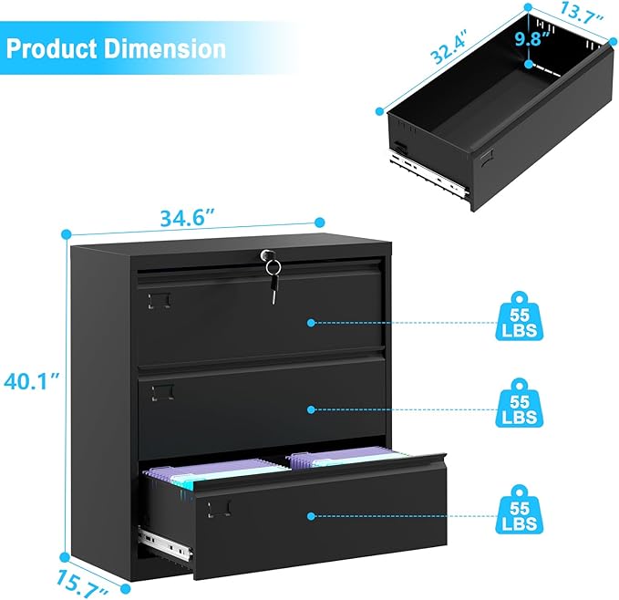 40inch Steel 3 Drawer Lateral Filing Cabinet - Lockable Metal Filing Storage, Home Office Organization, Fits Hanging Letter/Legal/F4/A4, Durable 0.6MM Coated Steel (Black)