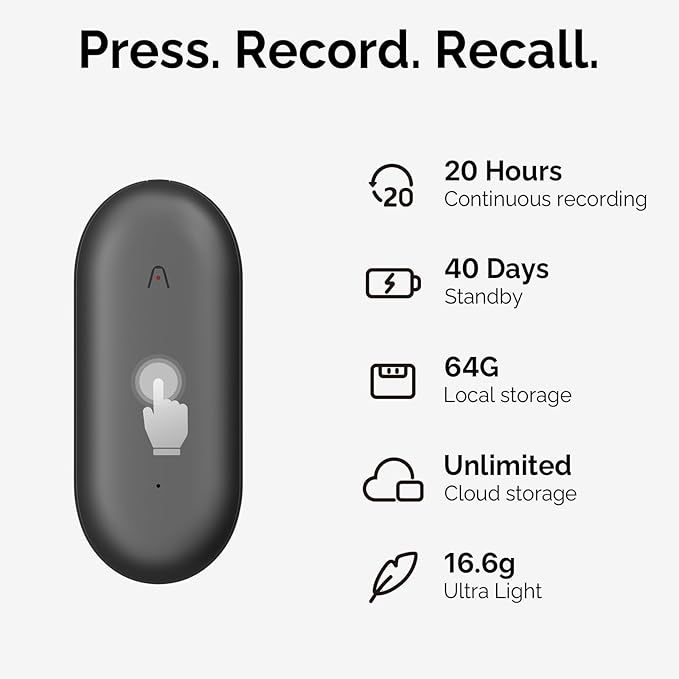 NotePin AI Voice Recorder, Voice Recorder with Neck Strap Lanyard, Transcribe & Summarize with AI Technology, 64GB Memory