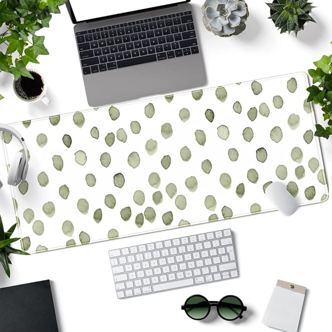 Cute Polka Dot Minimalist Green Keyboard Pad Simple & Atmospheric Desk Mat XL Large Mouse Pad for Women Office Desk Decor Desk Pad with Stitched Edges 31.5x11.8in, Computer Laptop Pad Gaming Mousepad
