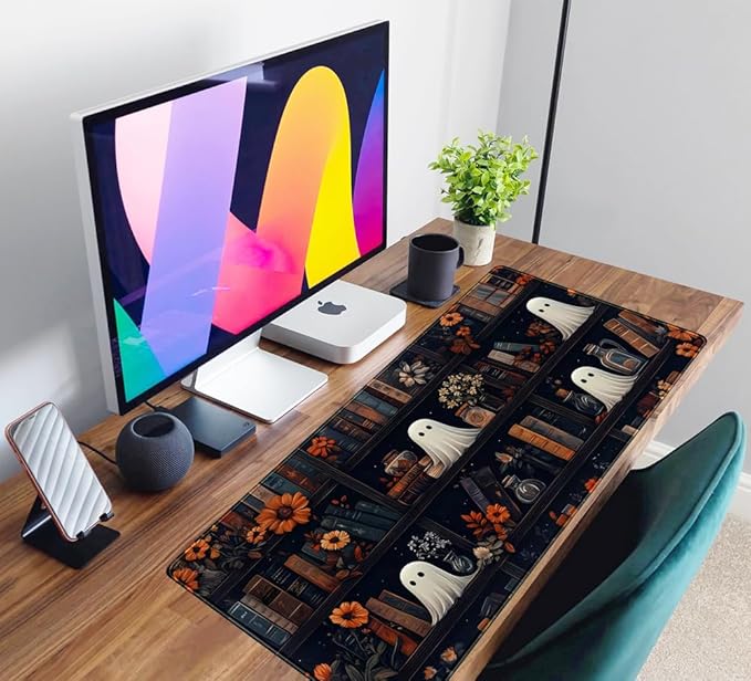Cute Ghost Desk Mat Dark Vintage Large Mouse Pad Gaming Black Mouse Pad XXL Large Gaming Mousepad Desk Mat for Desktop Office Computer Laptop Keyboard and Mouse Mat - 31.5 X 15.7 in Desktop Protector