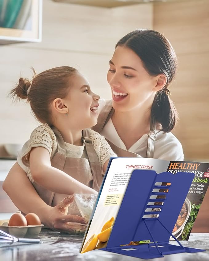 MSDADA Desk Book Stand Metal Reading Rest Book Holder Adjustable Cookbook Documents Holder Portable Sturdy Bookstands for Recipes Textbooks Tablet Music Books with Page Clips(Sapphire Blue)