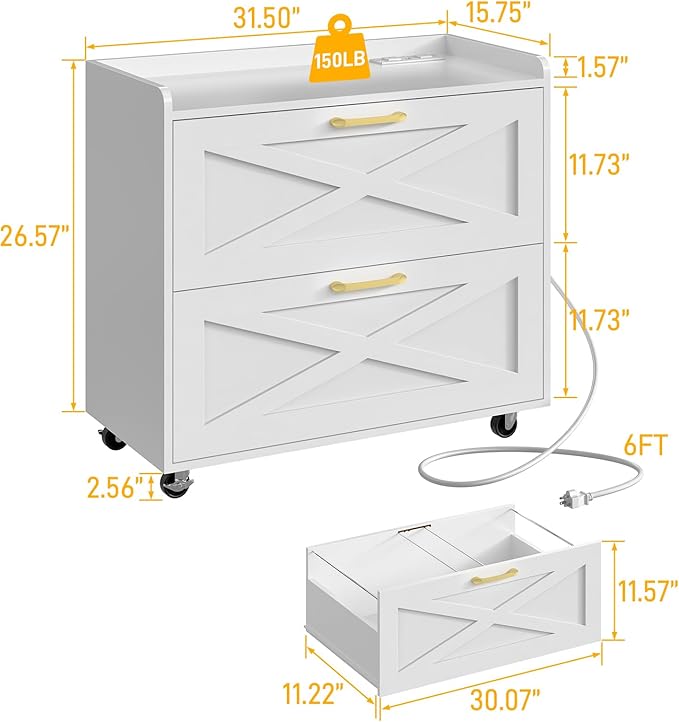 Lateral File Cabinet 2 Drawer Mobile File Cabinet with Charging Station for Legal/Letter/A4 Size Hanging Files, Modern Farmhouse Large Wood File Storage Cabinet for Home Office Furniture(Simple White)
