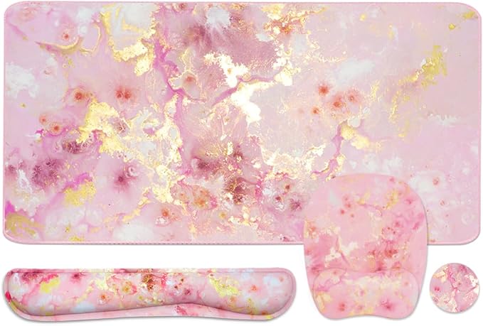 Keyboard Wrist Rest Large Mouse Pad Wrist Support for Computer, 4 in 1 Memory Foam Keyboard Pad Desk Mat Ergonomic Hand Rest Wrist Cushion for Home Office Gaming - Pink Gold