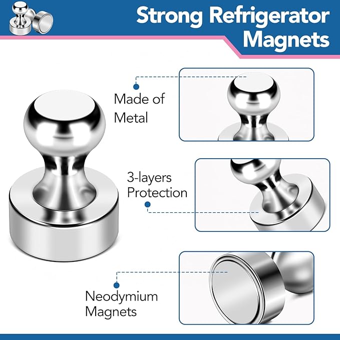 LOVIMAG Refrigerator Magnets, 28Pcs Strong Fridge Magnets for Refrigerator, Small Neodymium Magnets for Whiteboard, Metal Push Pin Magnets for Kitchen, Office, School, Locker, Map Decorative