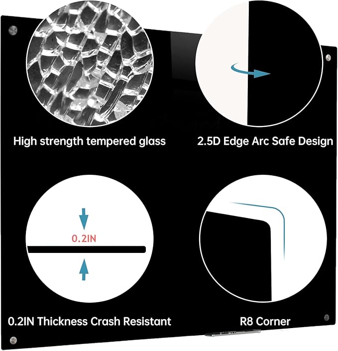 Magnetic Glass Dry Erase Board - Black Board 48 x 96 Inch Wall Mounted Glass Whiteboard, Large Frameless White Board for Wall Office, Home & School, Black