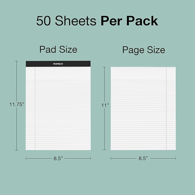 POPRUN White Legal Pads 8.5 x 11.75 Wide Ruled, 100GSM Writing Paper Pad, Bulk Lined Notepad Notebooks for Work School, Classroom Office Supplies, 3 Pack