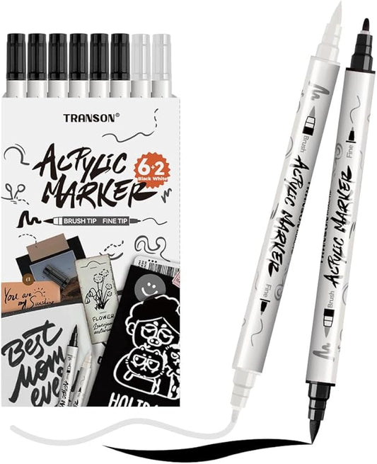 TRANSON 6 Black and 2 White Paint Markers Brush and Fine Dual-tip Acrylic Paint Marker for Rock Glass Canvas Wood Leather Ceramic DIY Painting