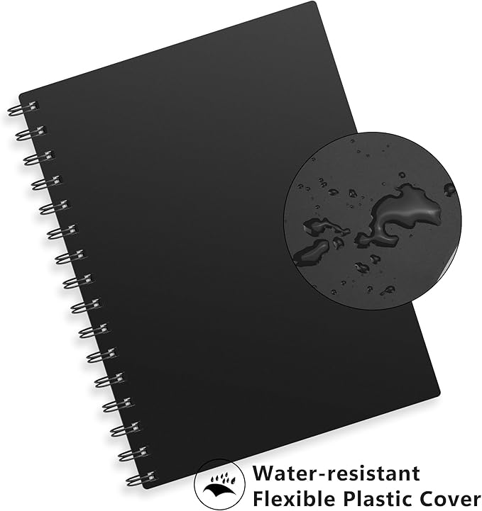 RETTACY Spiral College Ruled Notebook, 300 Pages, A5 Medium Size (5.7" x 8.2"), for School, Work, Writing, Journaling, 100 GSM Thick Paper, Flexible Plastic Cover (Black)