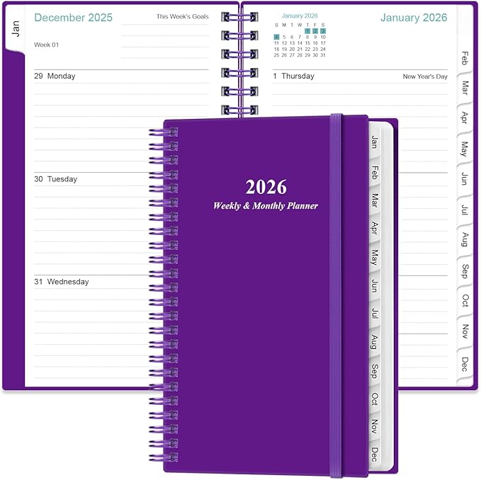 2026 Pocket Planner/Calendar - 2026 Planner from January 2026 - December 2026, Planner 2026 with 12 Tabs, Twin-Wire Binding, Inner Pocket, 3.75" x 6.75, Purple