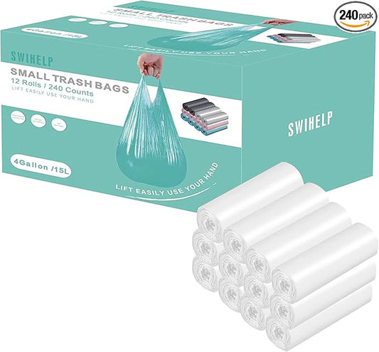 Small Trash Bags 240 Count Garbage Bags SWIHELP Waste Basket Liners for Bathroom, Kitchen,Bedroom, Office Pet Car 15 Liter Trash Can 4 Gallon…