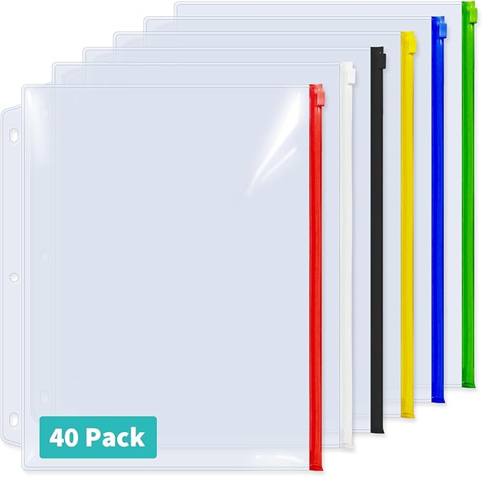 Binditek 40 Pack Plastic Zippered Binder Pockets, 3-Hole Punched for 3 Ring Binder, Clear PVC with Multicolor Zippers, Waterproof Loose Leaf Bag Pouch for Document Filing and Storage