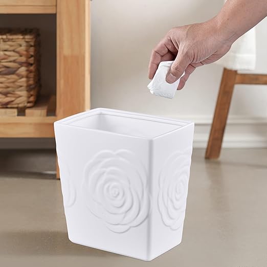 White Ceramic Rose Small Bathroom Trash Can 2.5 Gal (9 Liter), Heavy Small Kitchen Garbage Bin, Living Room Bedroom Corner Trash Can, Decorative Wastebasket for Outdoor Garden, Home Office,Hotel Motel