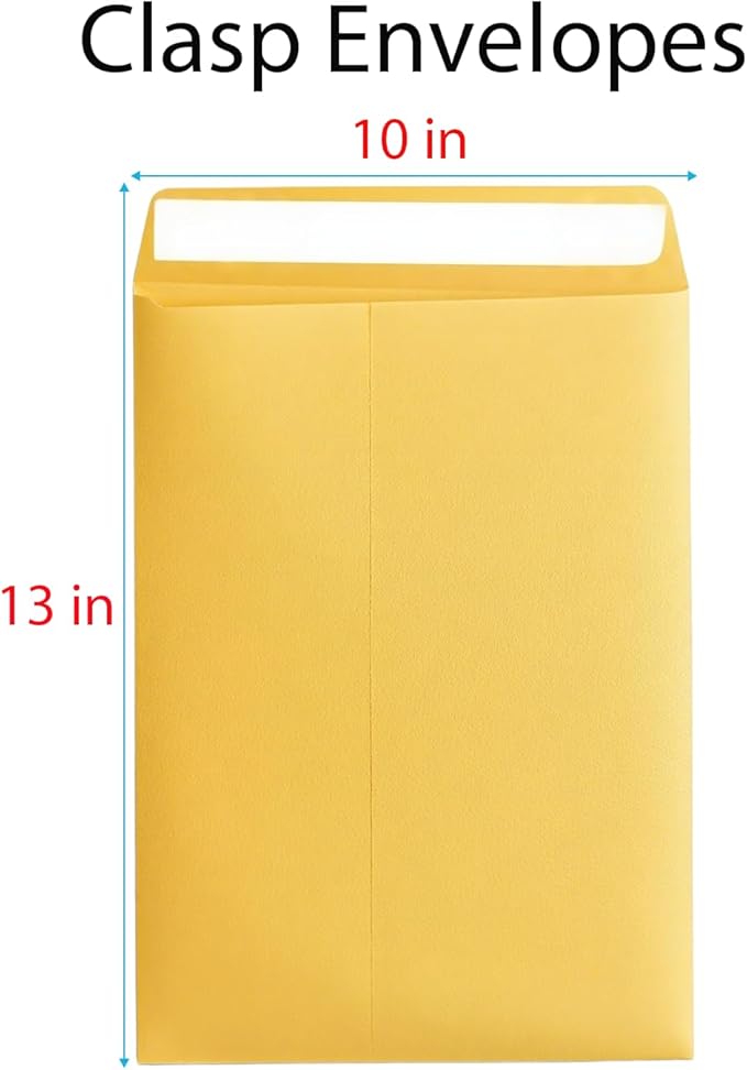 Gummed Mailing Envelopes 10x13 Inch, 100 Pack Brown Kraft Manila Envelopes 28lb, Catalog Document Envelopes for Home, Office, School, Business (Yellow, 100PCS)