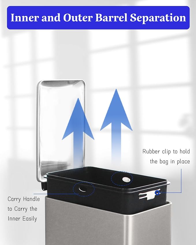 12 Gallon Slim Kitchen Trash Can, Stainless Steel Trash Can with Removal Inner Bucket and Soft-Close Lid, Pedal Garbage Can 45 Liter, Grey