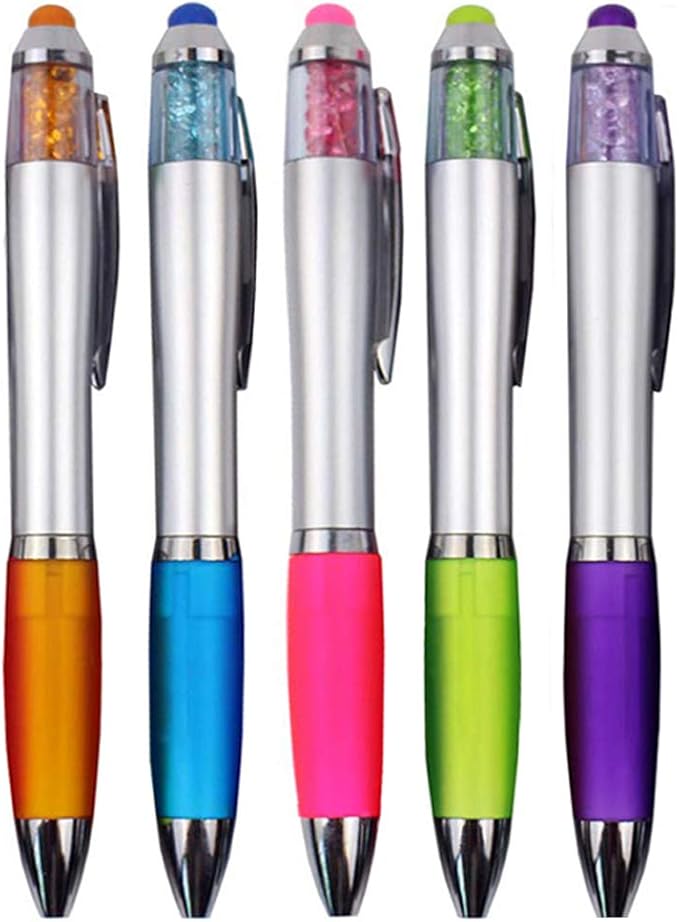 MiSiBao Stylus Pens for Touch Screens, Medium Point Pens with Crystals for Women and Kids Black Ink Pen with Stylus Ballpoint Pens with Comfort Grip for The Ipad（5 Count+3 Refills）