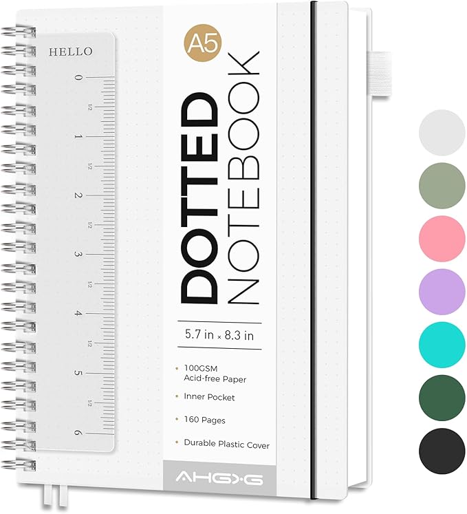 AHGXG Bullet Dotted Journal - Dot Grid Spiral Notebook A5, 160 Pages, 100 GSM Thick Paper, Waterproof Plastic Cover Journals for Bullet Journaling, Sketching, 5.7" x 8.3", Transparent