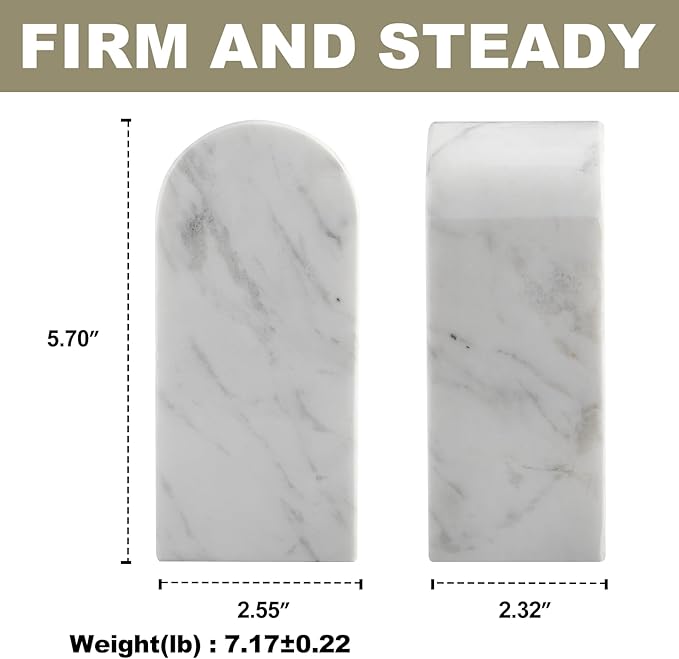 Koville Luxury Greek Marble Bookends for Shelves, Decorative Book Ends, 7lbs Heavy-Duty Marble Book Holders, Bookshelf Apartment Decor for Normal Books/CD/Video Games(Volakas)