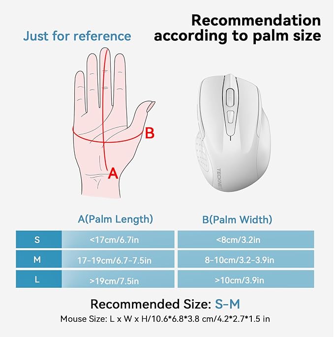 TECKNET Wireless Mouse (BT5.0/3.0 & 2.4G) Rechargeable 4800 DPI Silent USB A & Bluetooth Mouse 6 Buttons, Wide Compatibility - White