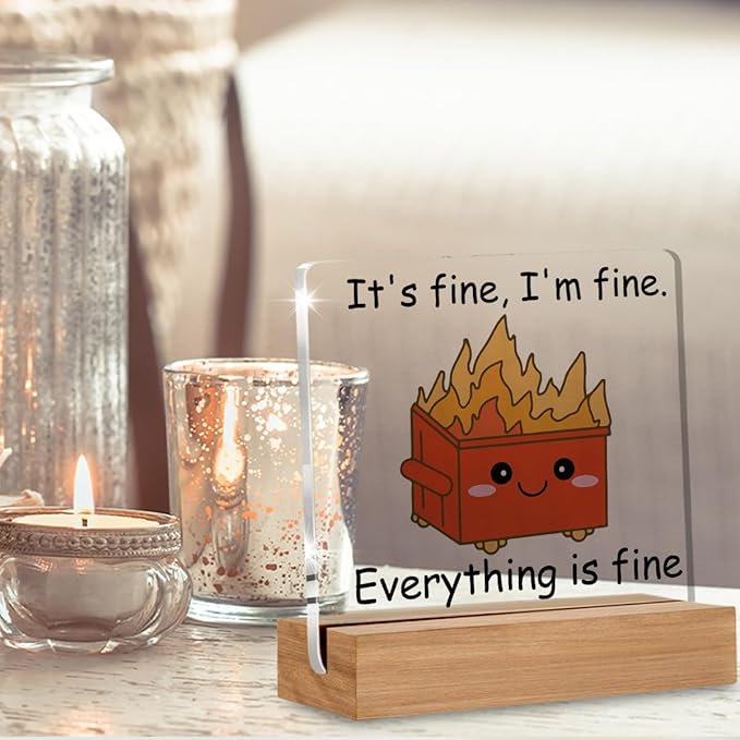 Dumpster Fire Desk Accessories Decor, Funny Office Gifts for Women Men Coworkers, I'm Fine Everything is Fine, Cute Orange Dumpster Desk Signs Plaque