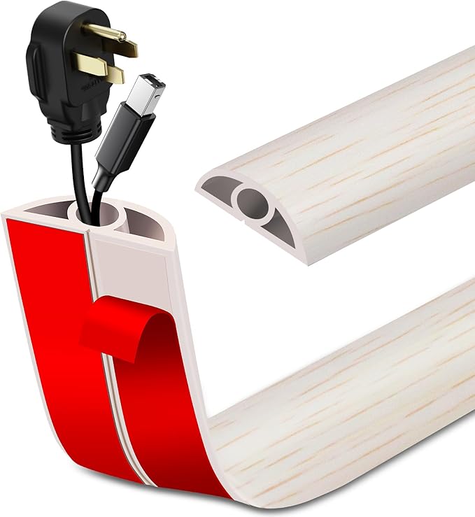 Floor Cord Cover Self Adhesive Cord Hider Floor Extension Cord Covers for Floor Power Cord Protector Cable Management Prevent Cable Trips Cable Cavity 0.32" W x 0.32" H (Beige Wood, 20Ft)