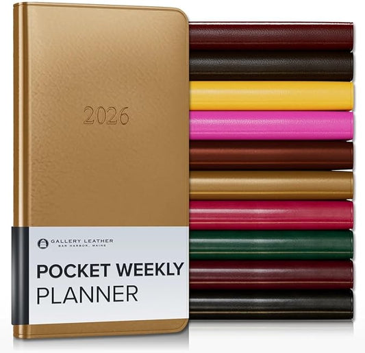 Gallery Leather Pocket Weekly Monthly Planner 2025-2026, Elegantly Bound Calendar Planner and Notebook with Stylish Gold-Gilded Page Edges, 12 Months - Freeport Metallic Gold - 6 x 3.25 "