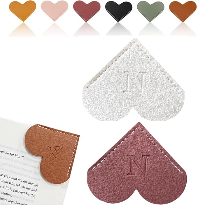 Personalized Leather Heart Bookmark, 26 Letters Customized Corner Book Mark for Reading Women, Book Marker with Initials，Cute Gifts (White+Deep Pink, N)