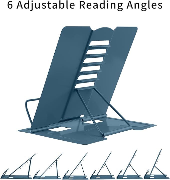 MSDADA Desk Book Stand Holder for Reading, Adjustable Cookbook Stand Metal Reading Stand for Textbooks Recipes Music Books Tablet (Morandi Navy)