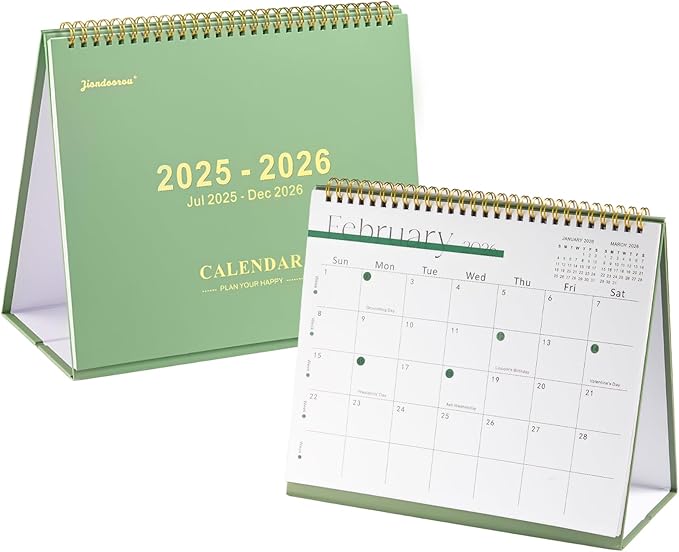 Desk Calendar 2025-2026,July 2025 to Dec 2026 18 Months Standing Flip Desk Calendar with Stickers,10" x 8" Desktop Calendar for Home Office School,Green