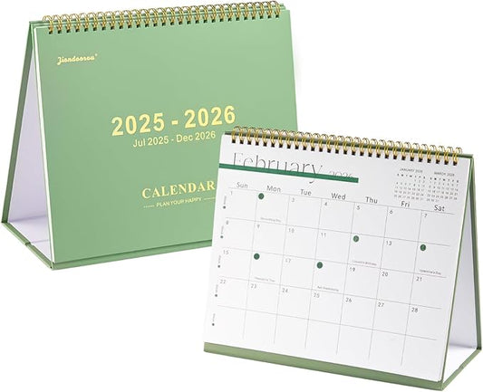 Desk Calendar 2025-2026,July 2025 to Dec 2026 18 Months Standing Flip Desk Calendar with Stickers,10" x 8" Desktop Calendar for Home Office School,Green