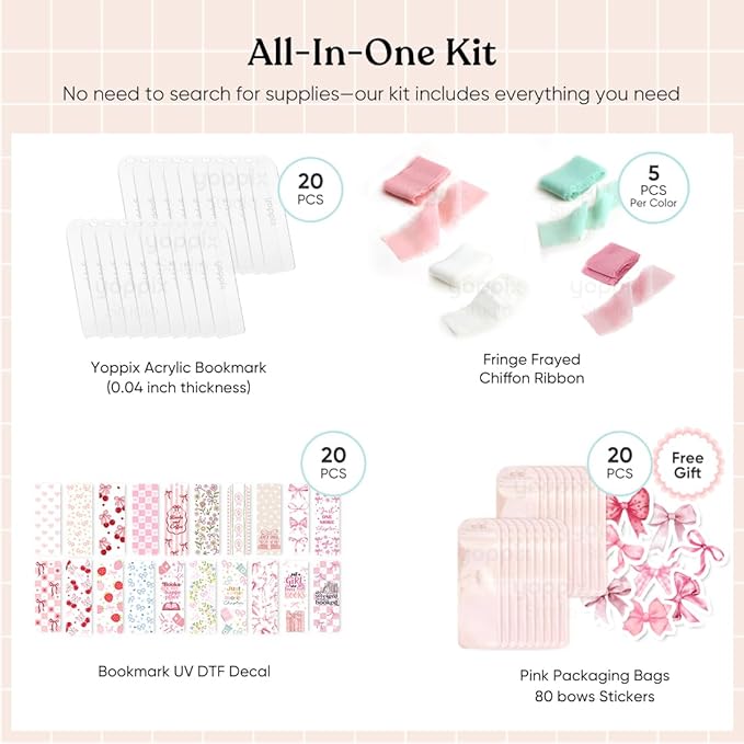 6x2” Acrylic Bookmark Blanks- 20 Set Bookmark Making Kit with 20 UV DTF Stickers About Bow Theme 20 Ribbon 80 Bookish Stickers for DIY Your Crafts Gift for Book Lover