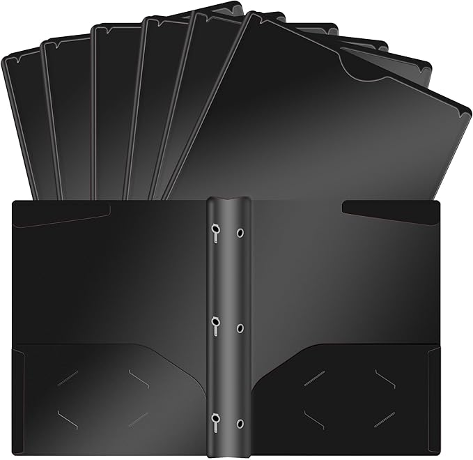 Pastel Plastic File Folders with Pockets and Prongs, 7 Pack, A4 Letter Size, Heavy Duty Waterproof Office Folders with Clear Front Cover for School, Home, and Office (Black)