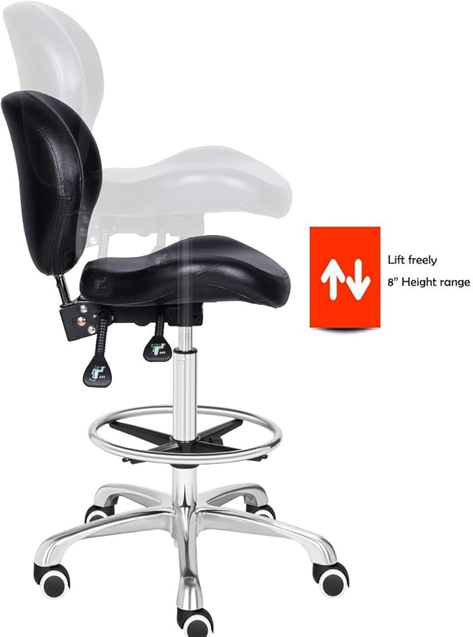Kaleurrier Adjustable Stool Drafting Chairs: Tall Office Chair for Standing Desk with Backrest & Foot Rest - Ergonomic Drafting Stools with Rolling Wheels for Shop Studio Dental Salon Home(Black)