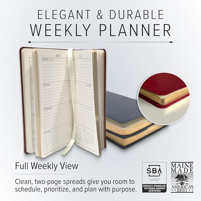 Gallery Leather Pocket Weekly Monthly Planner 2025-2026, Elegantly Bound Calendar Planner and Notebook with Stylish Gold-Gilded Page Edges, 12 Months - Caribbean Aqua - 6 x 3.25 "