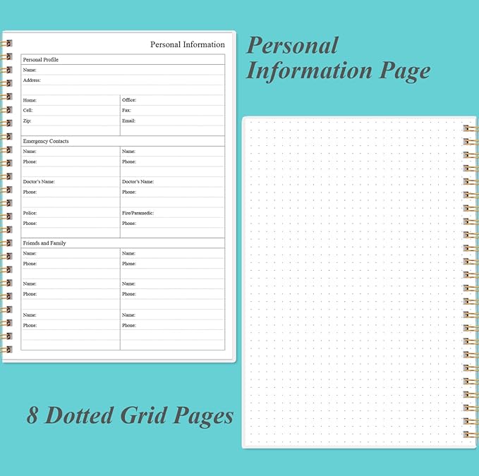 Daily Planner Undated - A5 To Do List Notebook Hourly Schedules, Spiral Appointment Planner for Women and Men, PVC Hardcover, Inner Pocket, Elastic Closure, 5.8" x 8.3", Teal Flowers