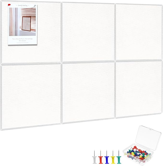 Large Cork Board 36" x 24", 6 Pack Felt Wall Tiles with Colored Pushpins, Bulletin Board with Removable Self-Adhesive Strips, Pin Board Cork Boards for Walls Office Home-White