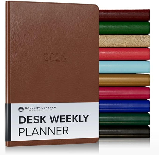 Gallery Leather Desk Weekly Monthly Planner 2025-2026, Elegantly Bound Calendar Planner and Notebook with Stylish Gold-Gilded Page Edges, 12 Months - Monhegan Saddle - 8 x 5.5 "
