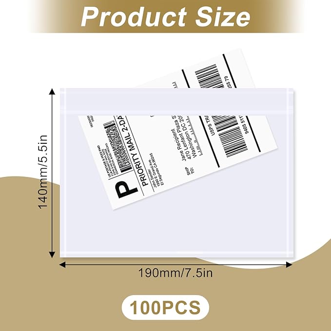 AZUREAL 100PCS Shipping Label Sleeves, 7.5" x 5.5" Packing Slip Pouches, Packing List Envelopes/Shipping Label Envelopes for Mailing, Packing List, Packaging, Protective Documents