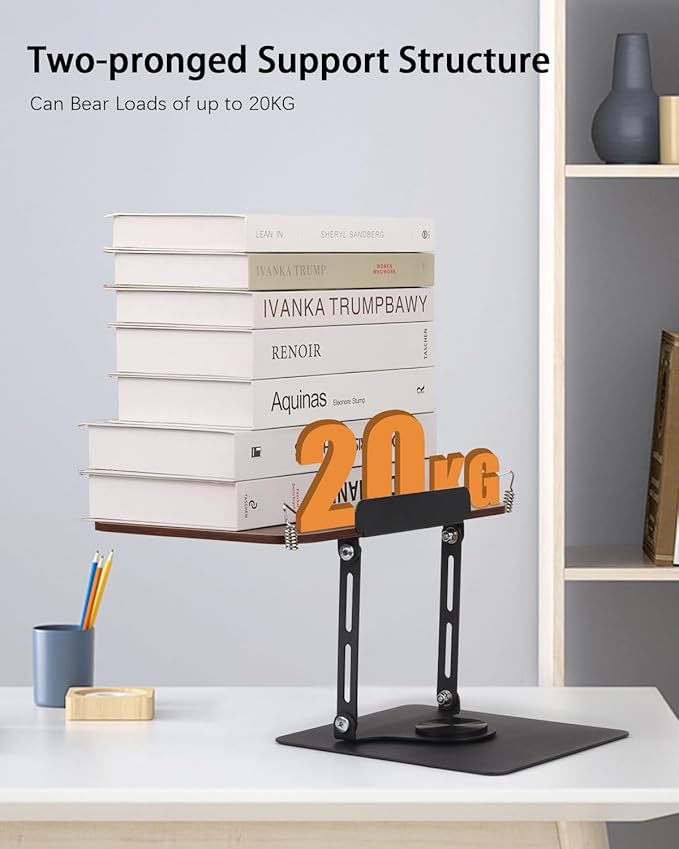 Honagu Book Stand for Reading, Adjustable Book Holder with 360 Degree Rotating Base & Page Clips, Hands Free Foldable Desktop Cookbook Stand for Sheet Music, Laptop, Recipe, Textbook (Brown Wood)