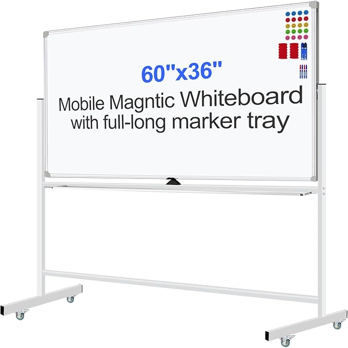 Mobile Magnet Whiteboard with Stand 60x36 Double-Sided Dry Erase Board with Stand - Magnetic Portable Standing Whiteboard - 5' x 3' Rolling White Boards with Easy Flip Feature