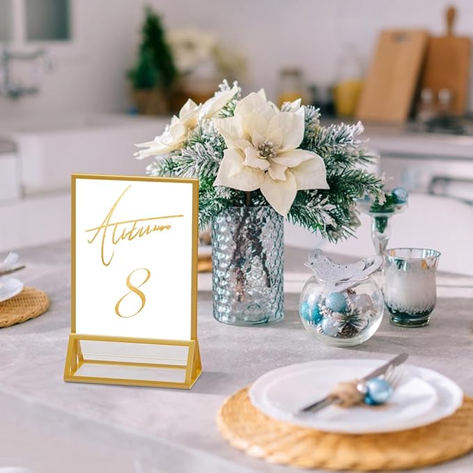 Acrylic Sign Holder 5X7 Gold Picture Frame,Double Sided Clear Display Stand , Table Acrylic Stand for Home Office Shop Restaurant (4pcs)