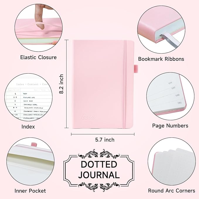 feela Dotted Journal Kit, Dot Grid Journal Hardcover Planner Notebook Set For Beginners Women Girls Note Taking with Journaling Supplies Stencils Stickers Pens Accessories, A5, 224 Pages, Pink