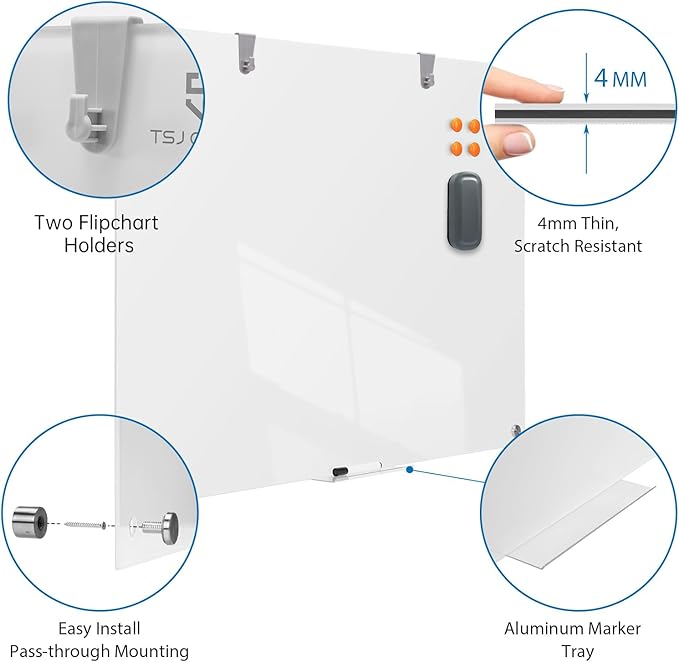 TSJ OFFICE Glass Dry-Erase Board - 36 x 24 Inches Brilliance White Magnetic Glass Whiteboard, Wall Mounted Large Frameless White Board for School, Home & Office