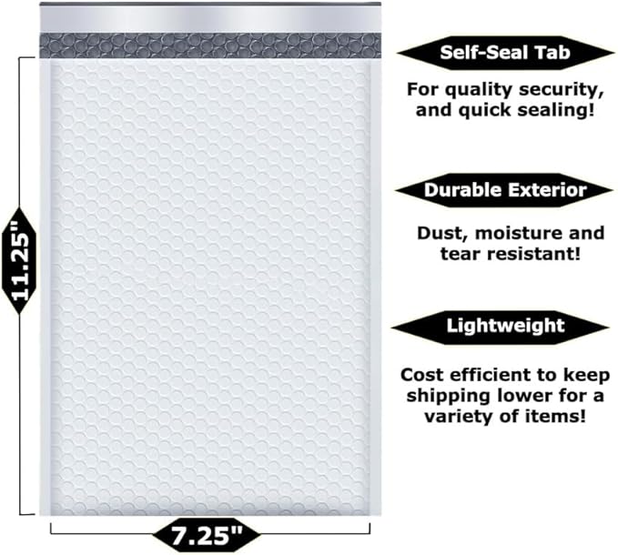 400-Pack 7.25x11.25" White Poly Bubble Mailers, Padded Shipping #1 Envelopes Self Seal Tear Resistant Lightweight Mailing Bags for Small Business, Books, DVDs, Gifts
