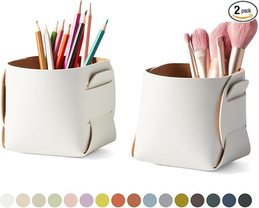 HOMIEAZICOZI 2-Pack Cork Leather Desk Accessories Storage - Pencil Pen Holder - Makeup Brush Holder Organizer - Stylish Addition to Home Decor (White)