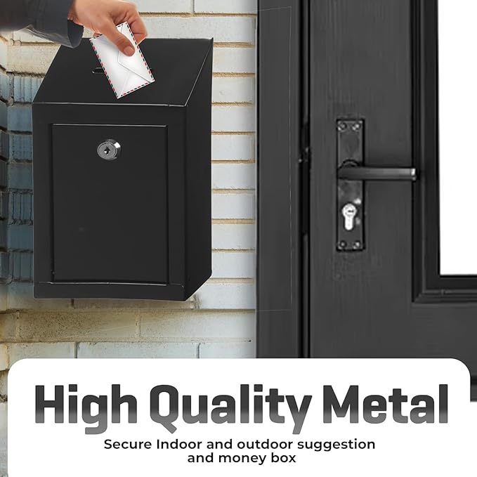Metal Donation Box-Suggestion Box with Slot and lock-Cash Lock box for Money-Waterproof Drop Box-Comment and ballot voting box-comes with pre-drilled holes for easy wall mounting 10x6x2.5"(Black)