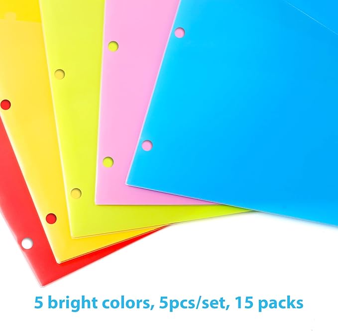WOT I Plastic 5-tab Dividers with 2 Clear Pockets - 3 Sets, 15 Tabs Binder Dividers for 3 Ring Binder, 5 Fresh Colors