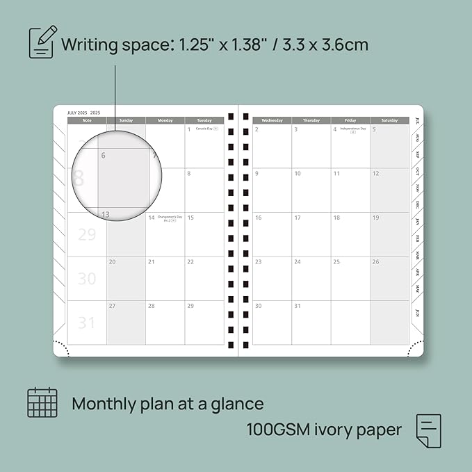 POPRUN Academic Planner 2025-2026 (July 2025-June 2026), Daily Weekly and Monthly Appointment Book (Wirebound Hard Cover - 6.25'' x 8.5'') with Hourly Time Slots, Tabs, 100 GSM - Pacific Green