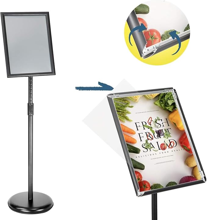 SENZHIYI Heavy Duty Poster Sign Stand Holder Adjustable Snap Open Aluminum Pedestal Floor Sign Holder Standing Vertical and Horizontal View Sign Displayed (Black, 8.5x11inches 2packs