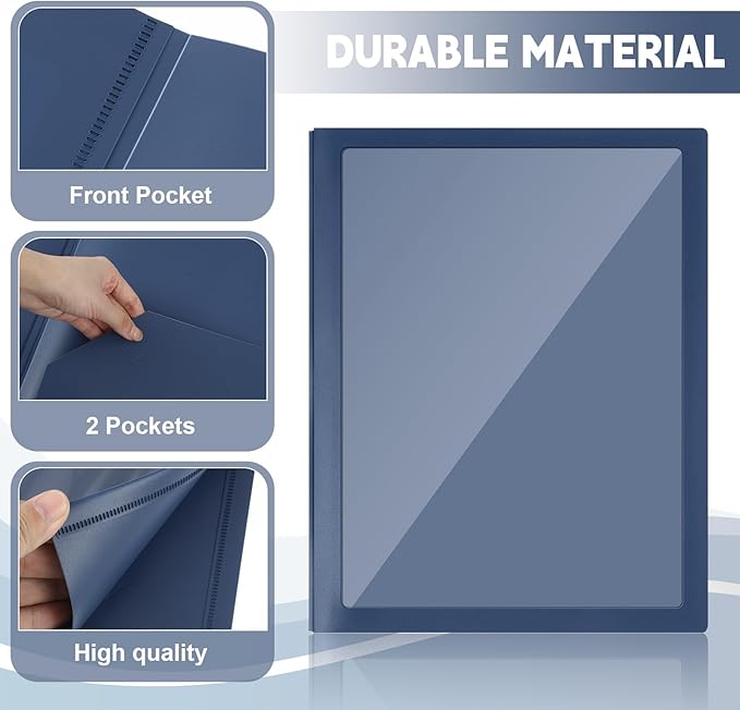 Teling 48 Pcs Plastic Folders with Front Clear Pocket and Business Card Holder 2 Pocket Heavy Duty Folders Plastic Letter Size Paper for Business School Office Supplies (Dark Blue)