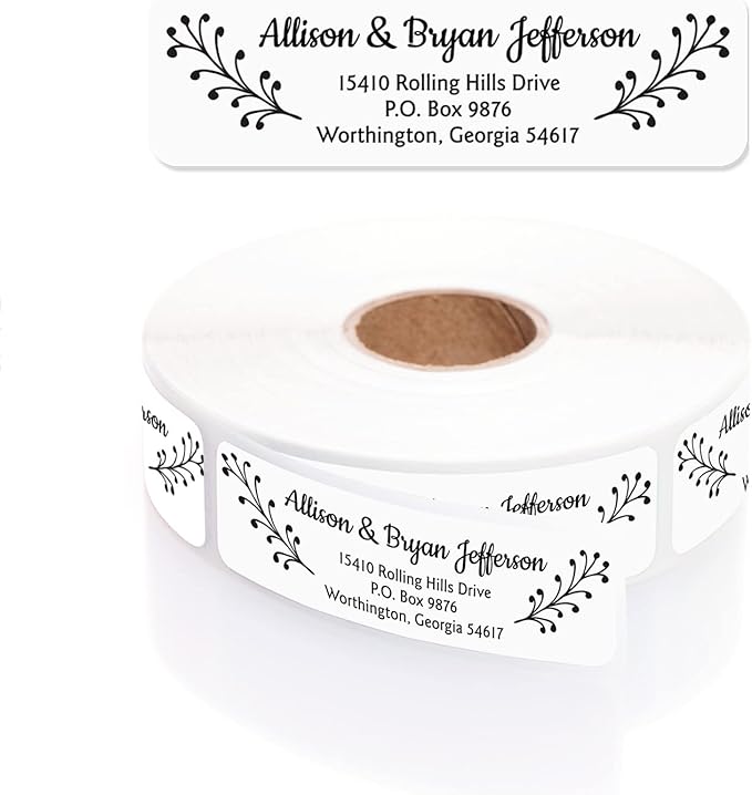 Modern Black and White Rolled Address Labels / 250 Personalized Return Address Labels/Designer Address Stickers in Elegant Plastic Dispenser